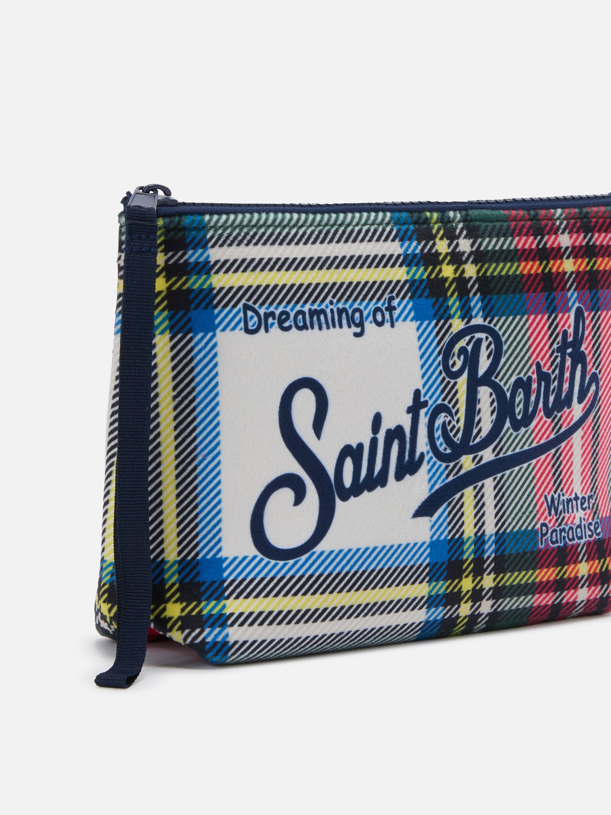 Pochette Aline effetto lana con stampa tartan bianca