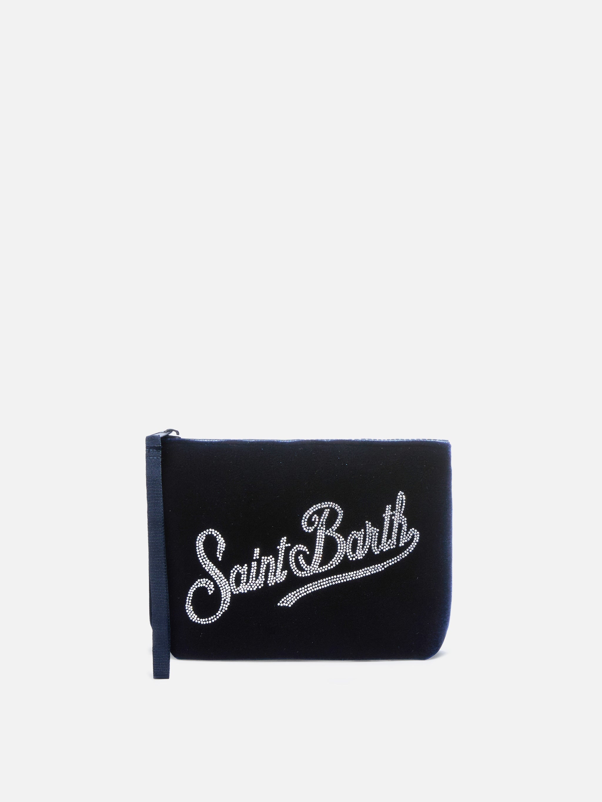Pochette Aline in scuba effetto velluto blu con logo strass