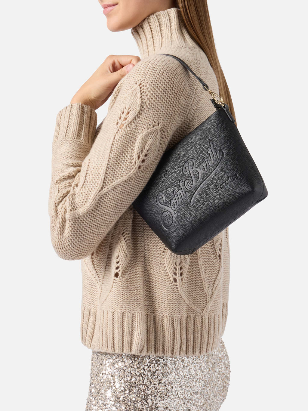 Borsa a spalla Aline Bag in pelle martellata nera