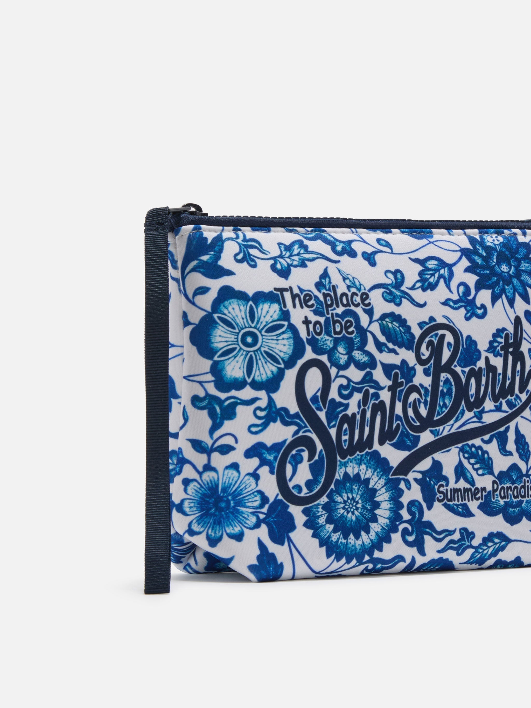 Pochette Aline in scuba con stampa maiolica fiorata blu