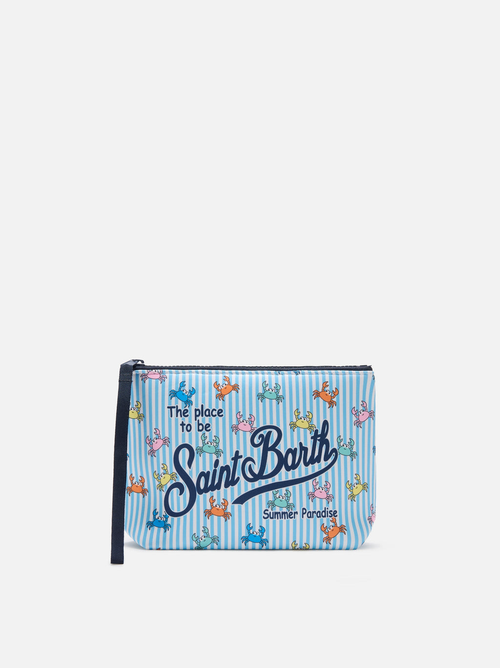 Pochette Aline in scuba a righe azzurre con stampa granchietti