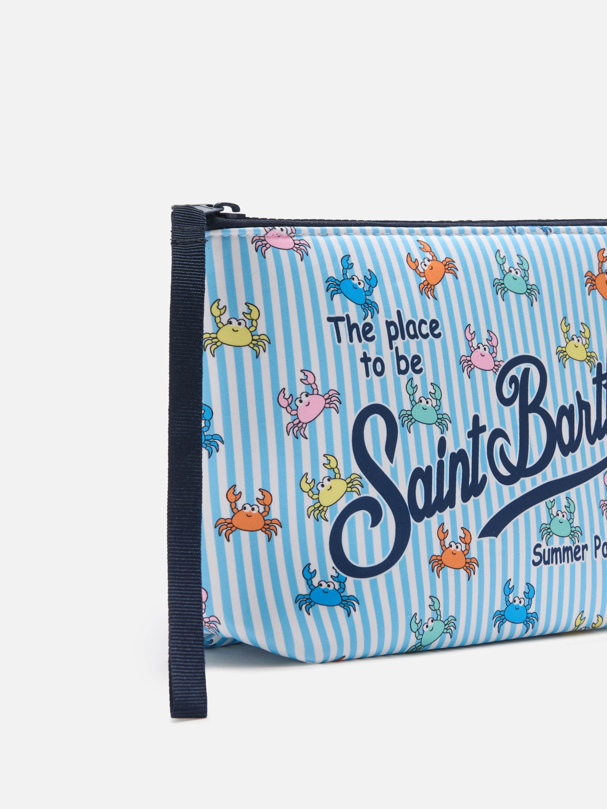 Pochette Aline in scuba a righe azzurre con stampa granchietti