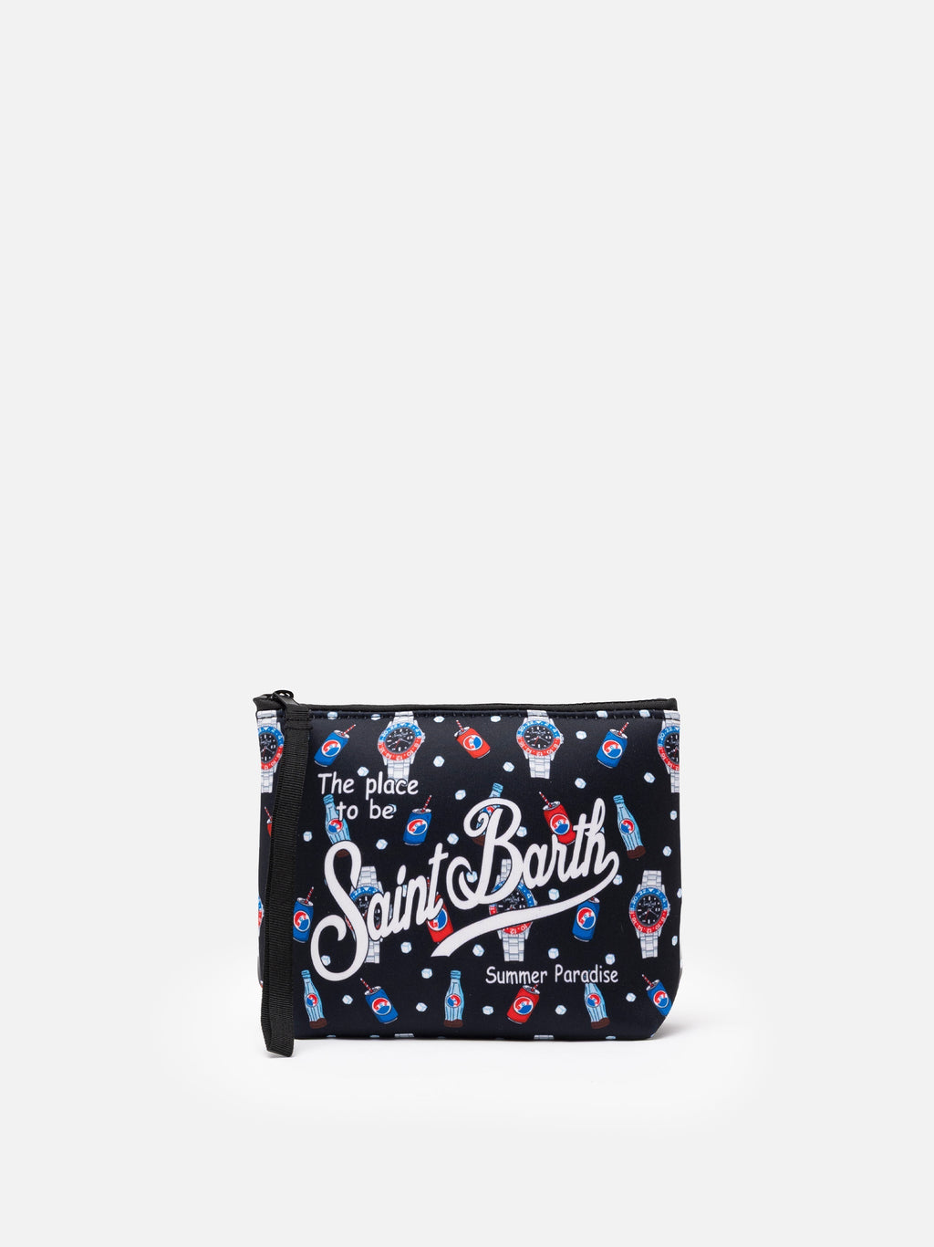 Pochette Aline in scuba con stampa orologi e drink