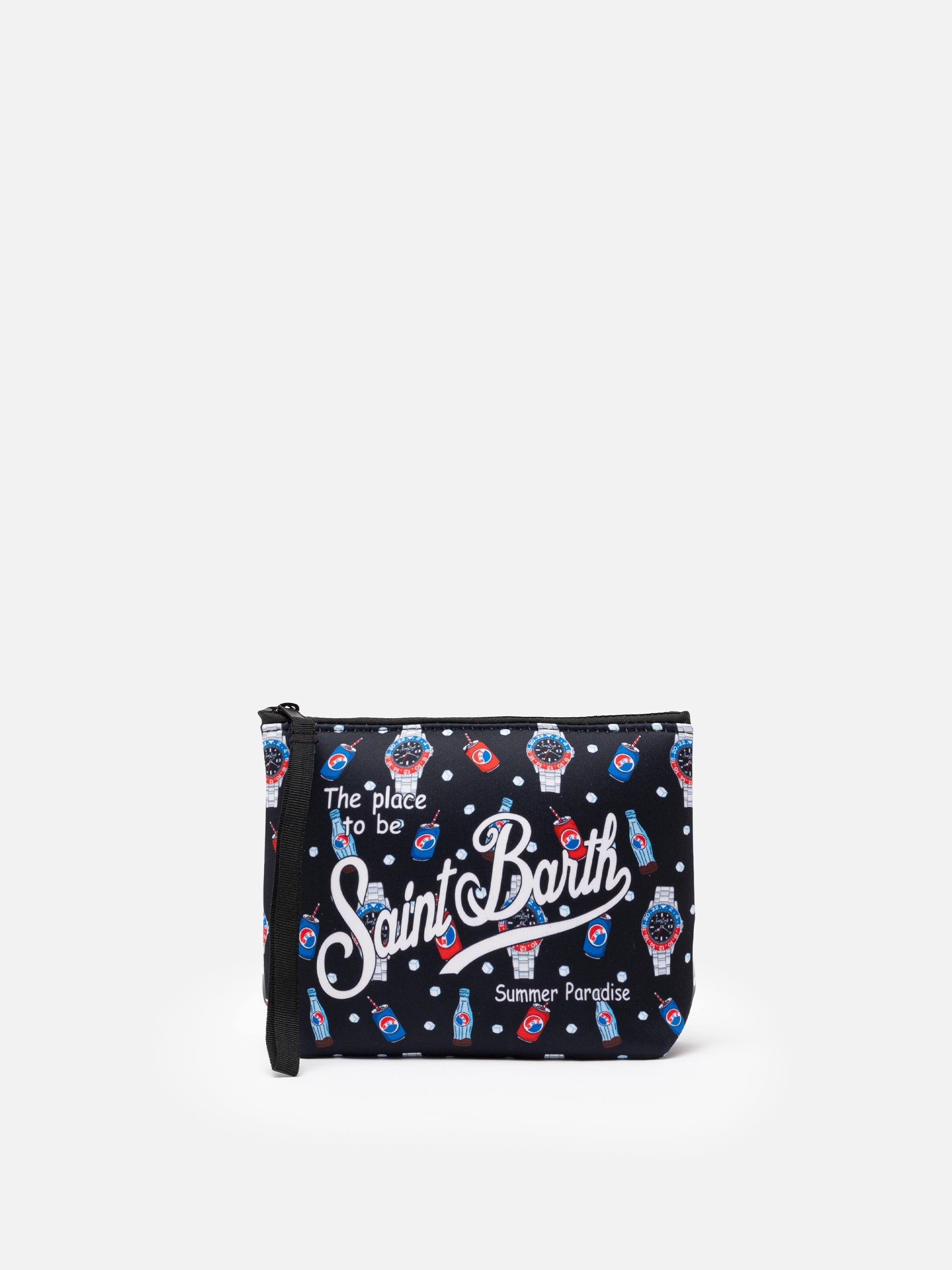 Pochette Aline in scuba con stampa orologi e drink