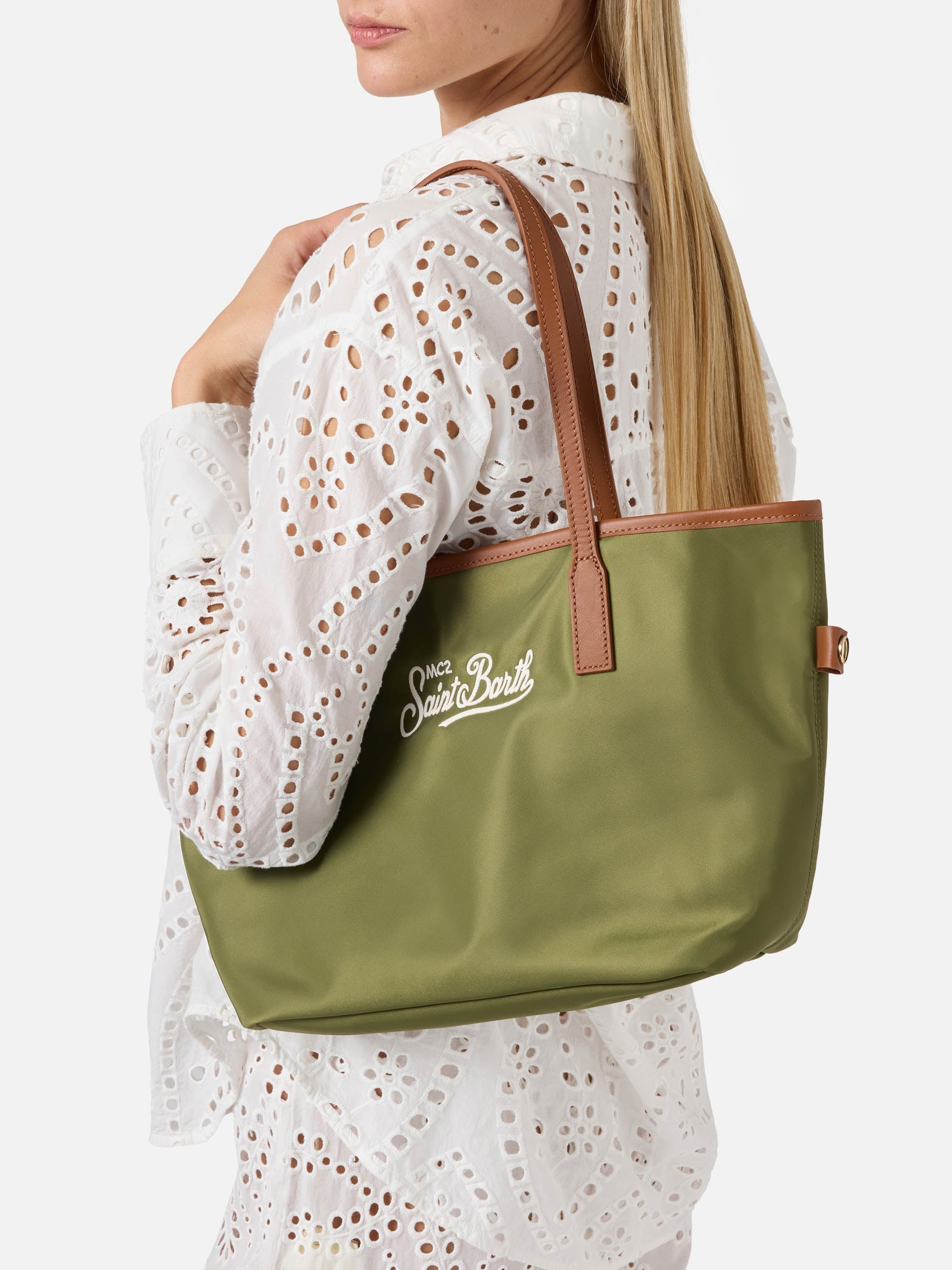 Borsa City medium in nylon verde militare