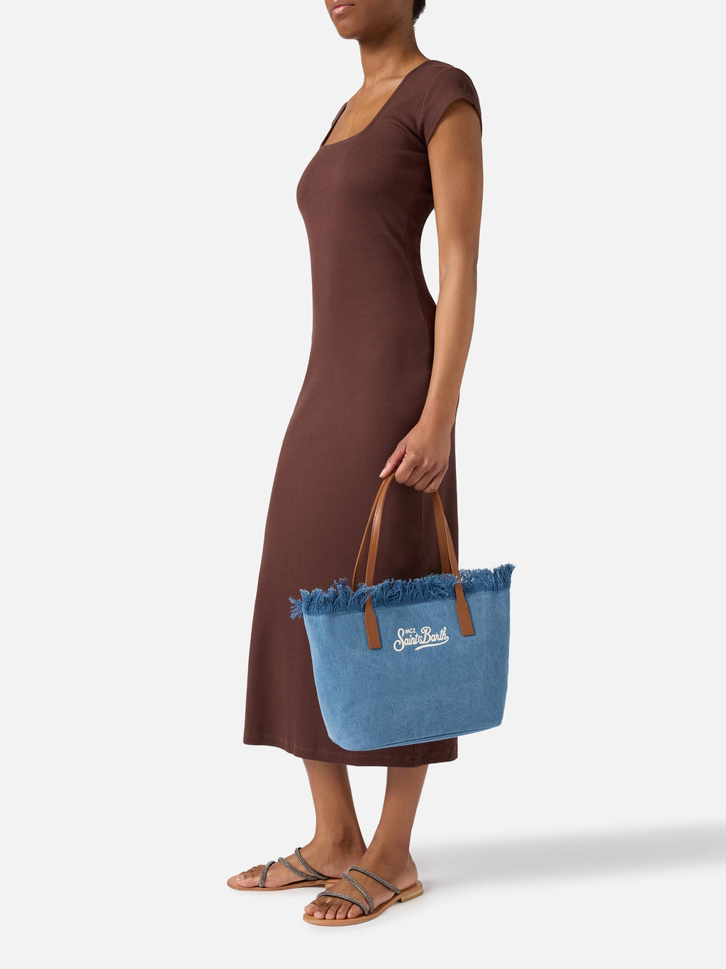 Borsa shopper City medium in tessuto denim con frange