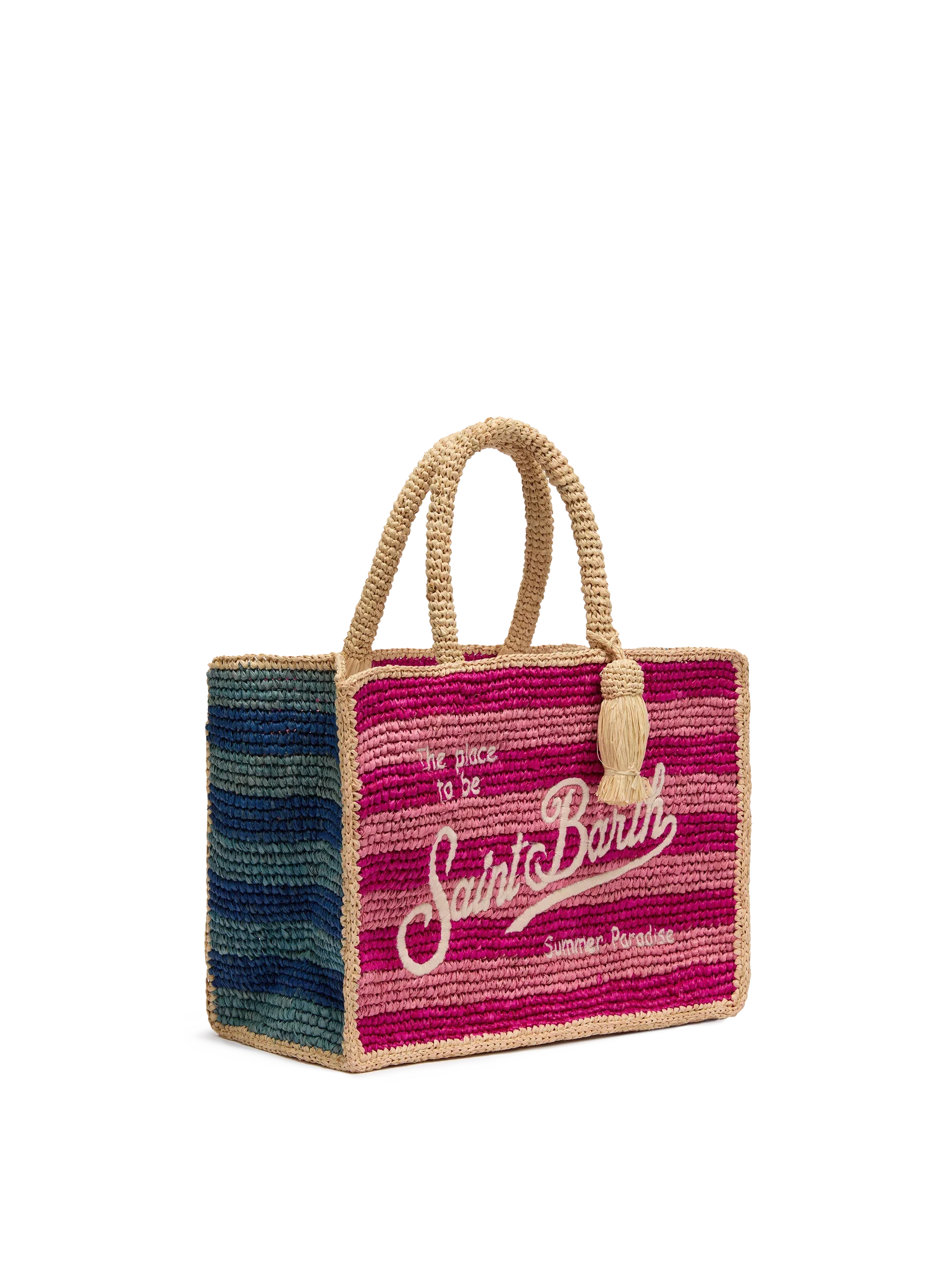 Borsa Colette in rafia a righe multicolore con logo ricamato