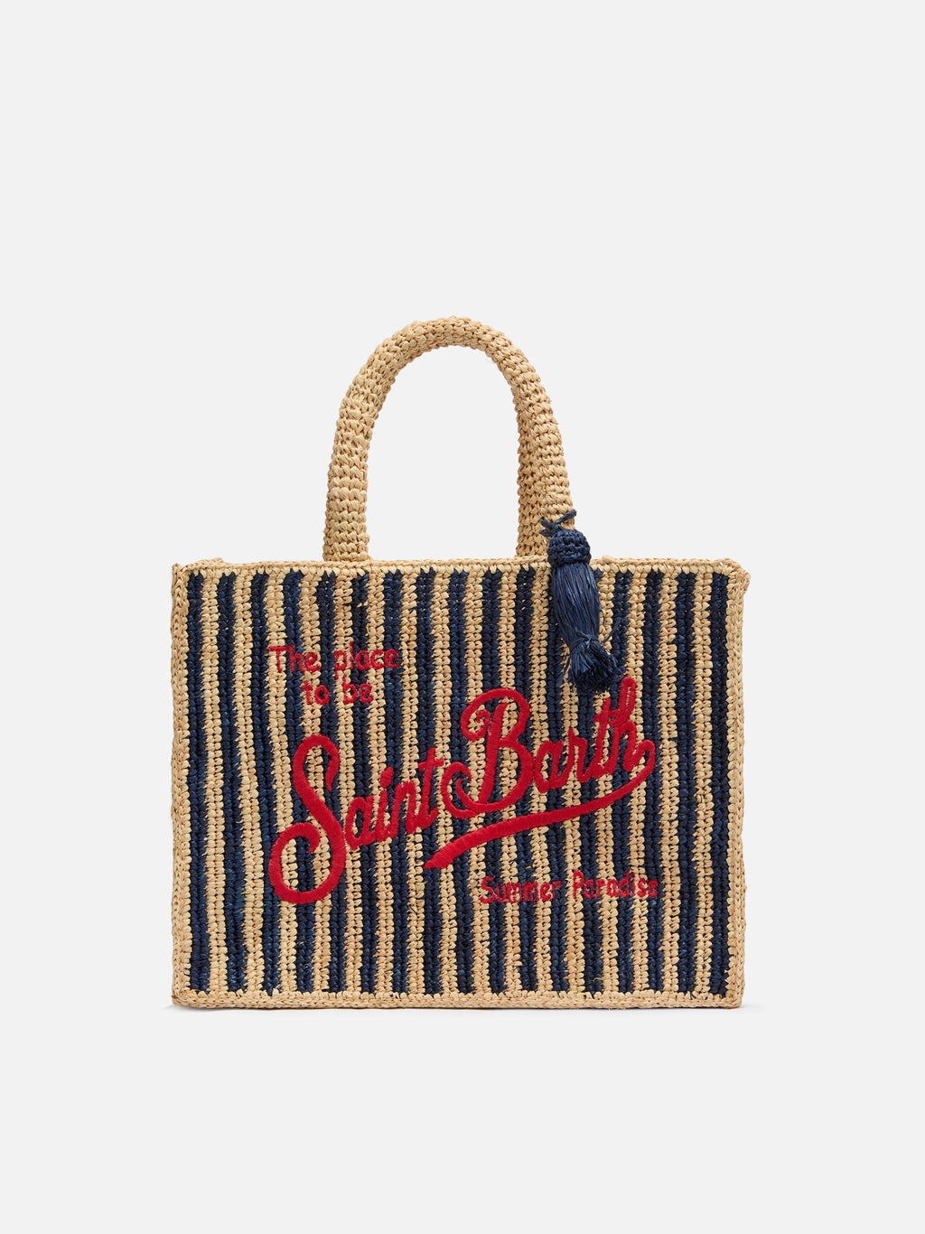 Borsa Colette in rafia a righe blu navy con logo ricamato
