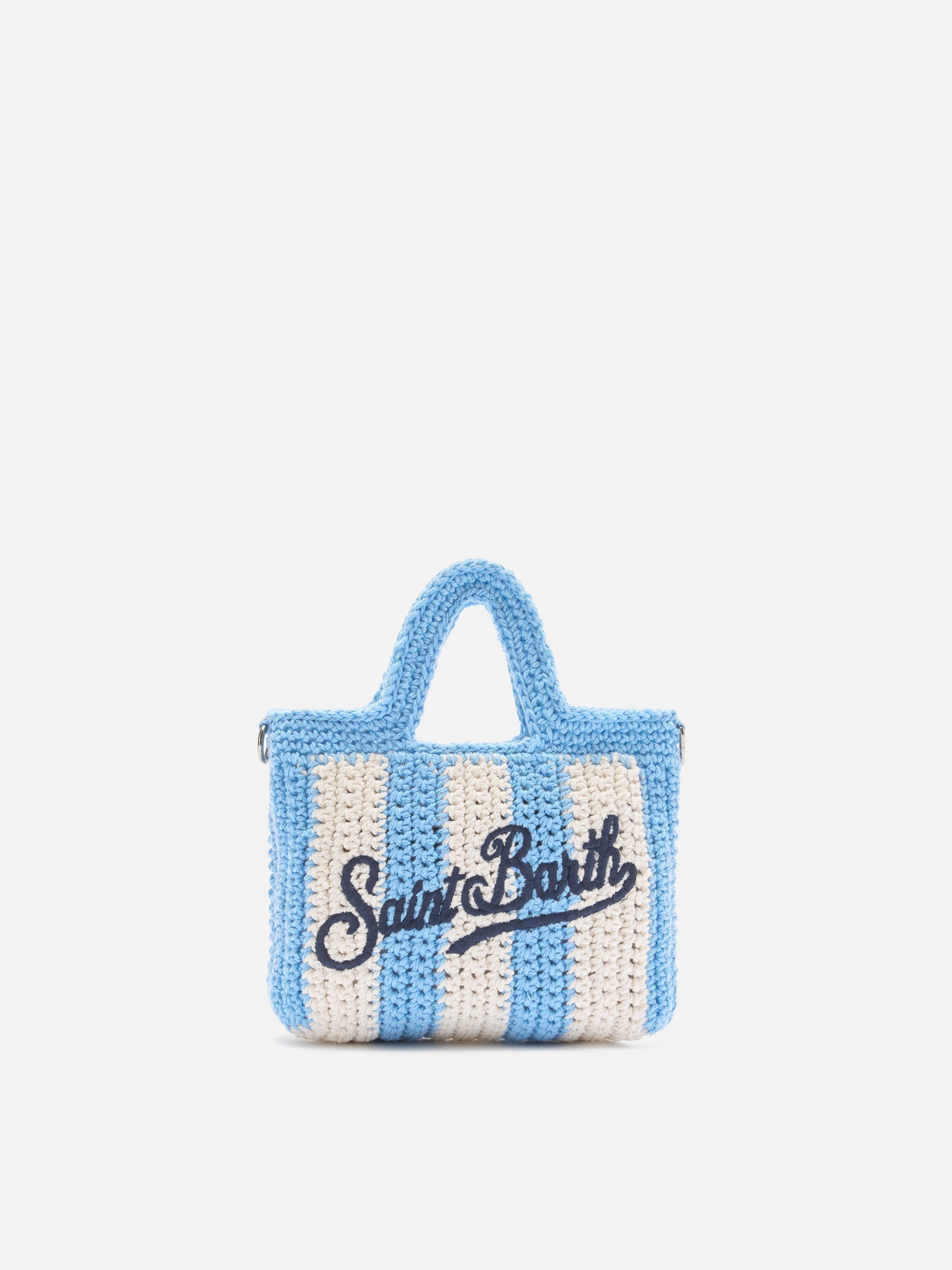 Borsa Crochet Mini a righe azzurre con logo ricamato