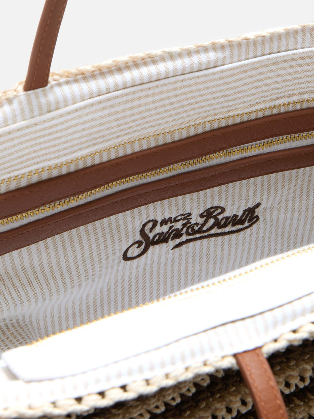 Borsa Tote Crochet a righe beige e marroni con logo ricamato