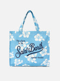 Borsa Essential in canvas con stampa hibiscus azzurra e logo a contrasto