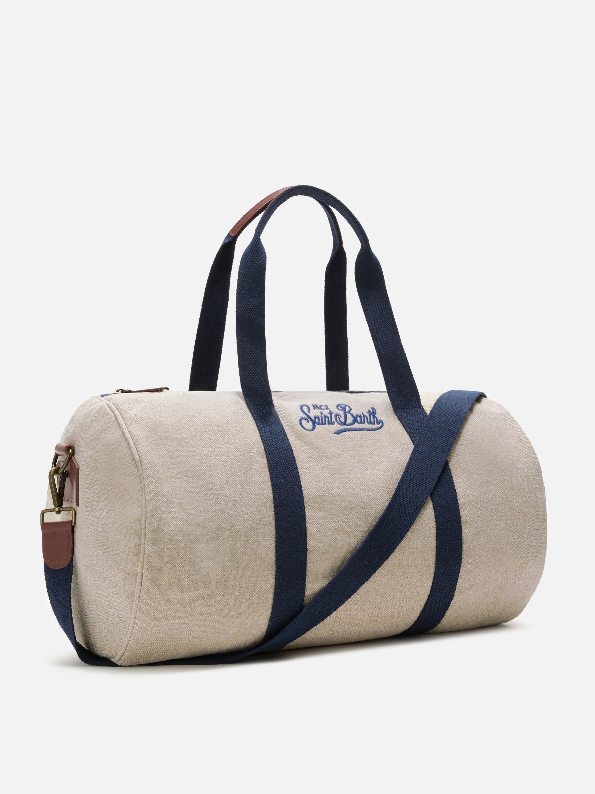 Borsone Round Jetleg in lino beige con logo ricamato a contrasto