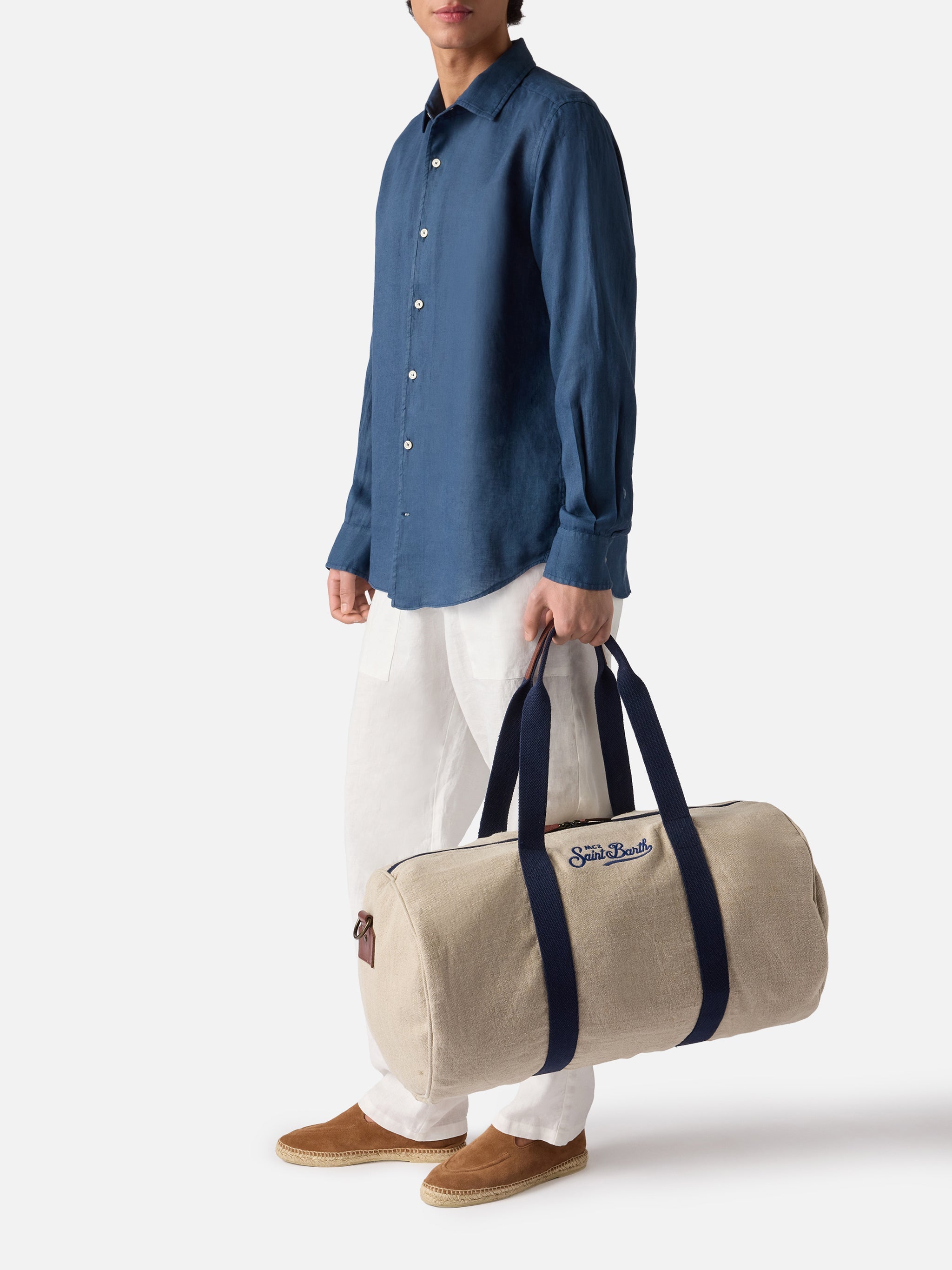 Borsone Round Jetleg in lino beige con logo ricamato a contrasto