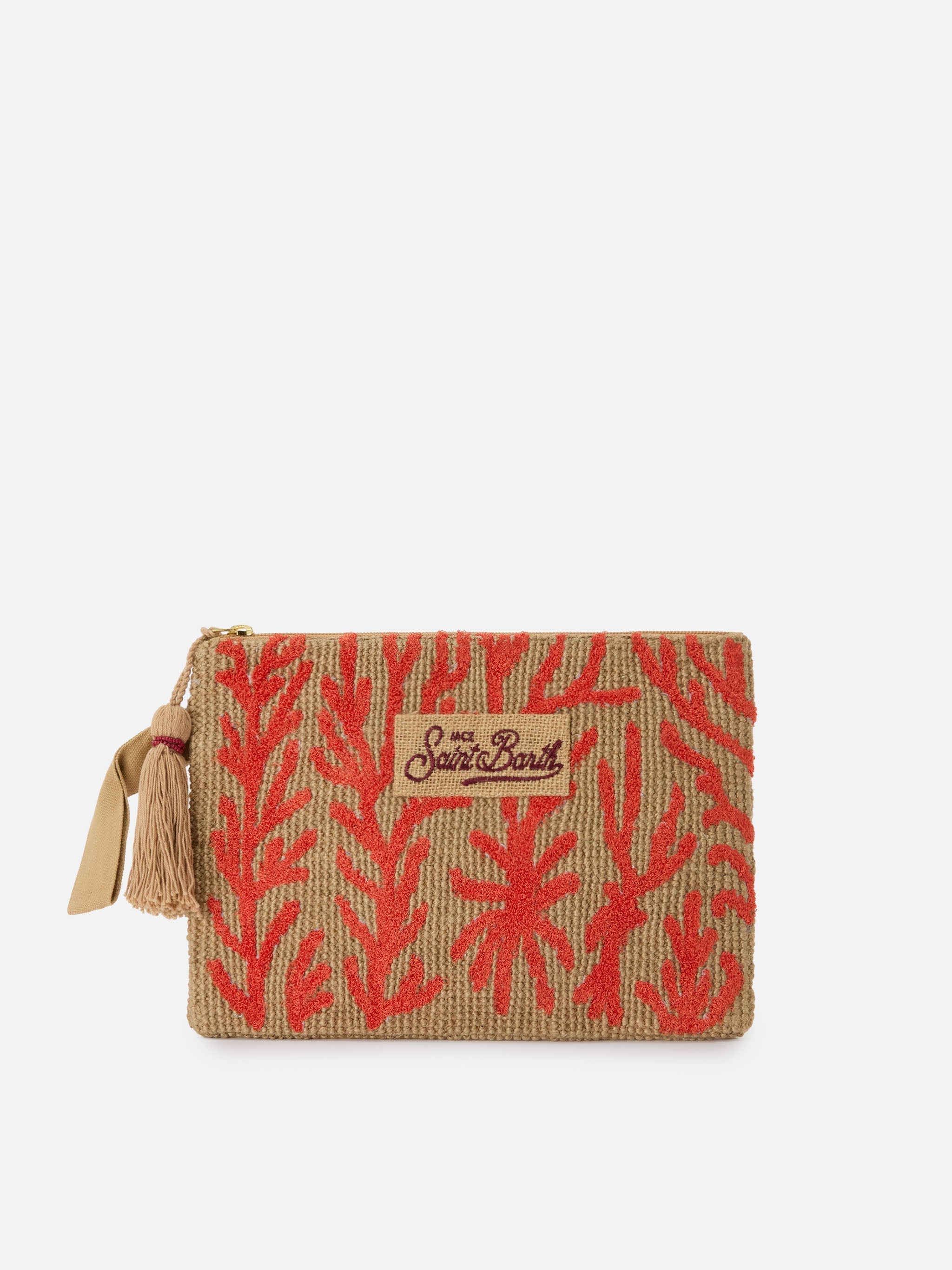 Pochette in juta con fantasia corallo ricamata