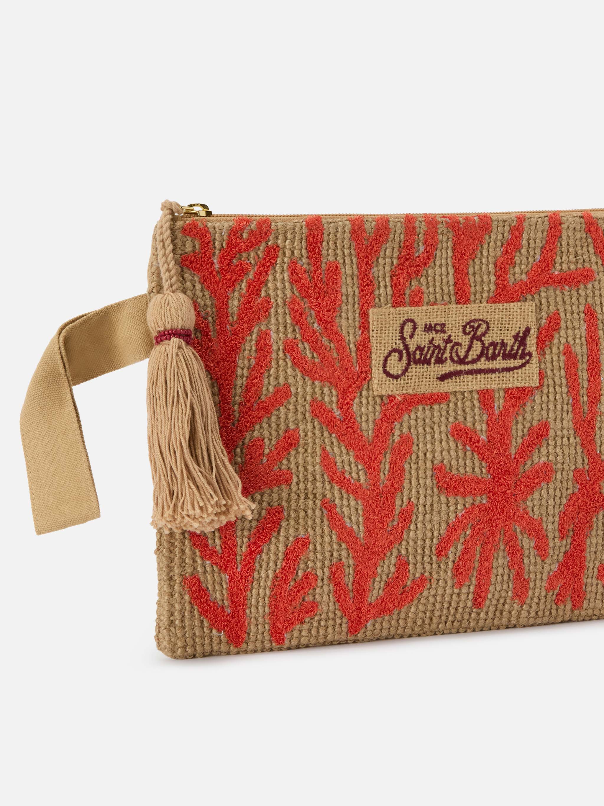 Pochette in juta con fantasia corallo ricamata