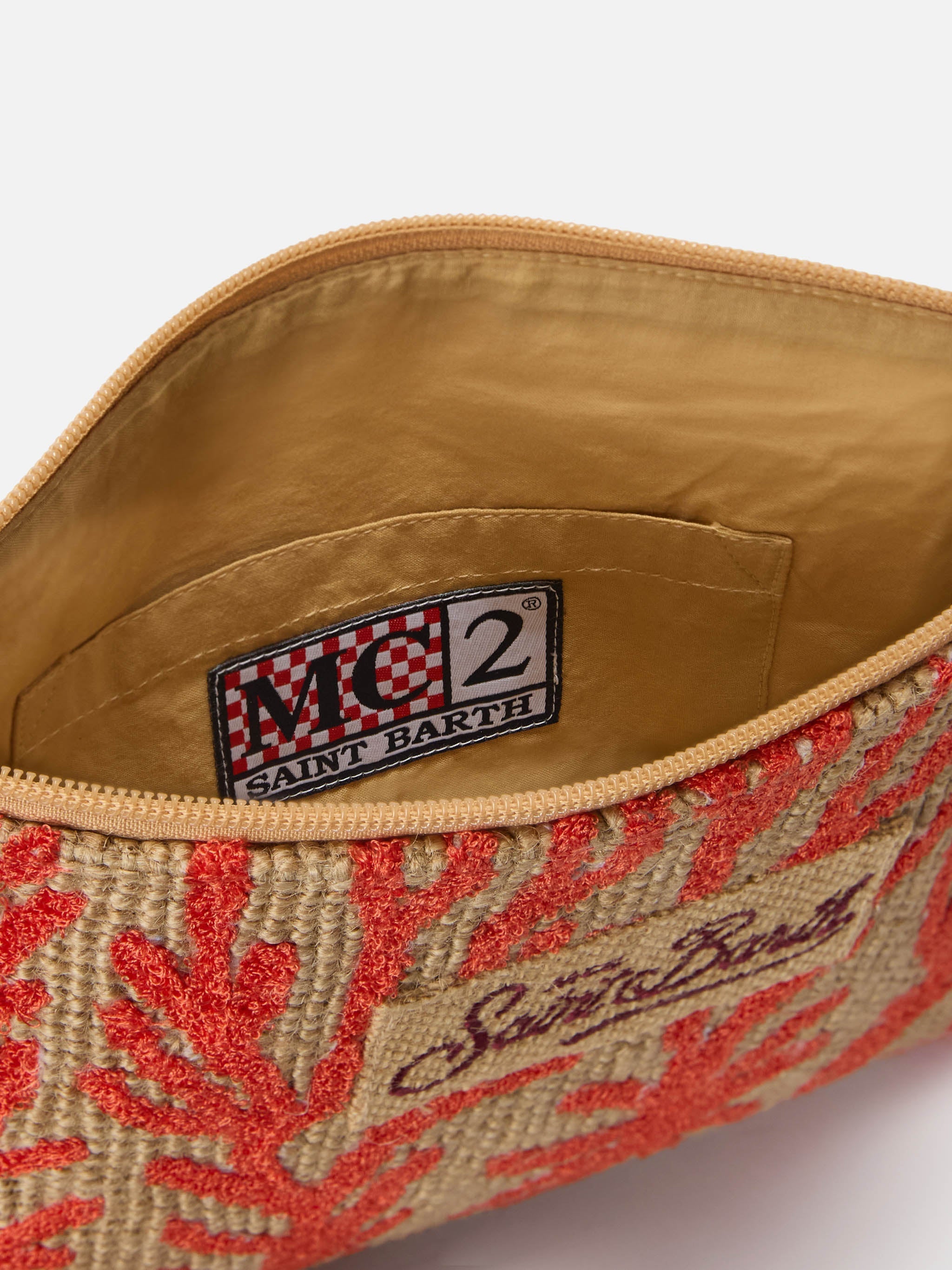 Pochette in juta con fantasia corallo ricamata