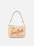 Pouch Mini Parisienne effetto paglia con logo ricamato marrone