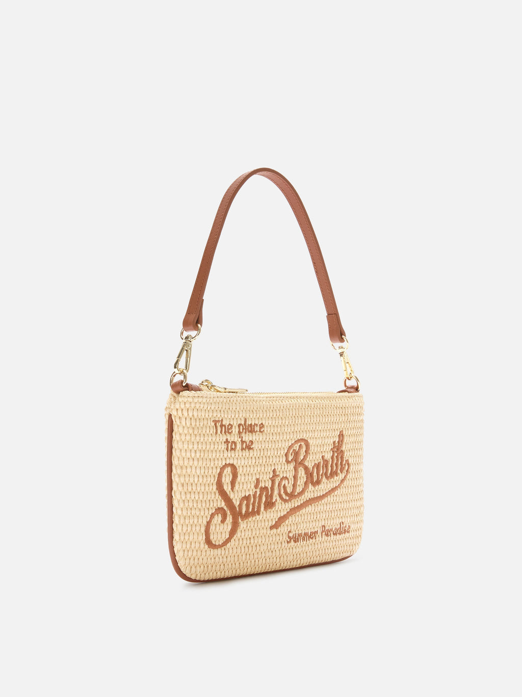 Pouch Mini Parisienne effetto paglia con logo ricamato marrone