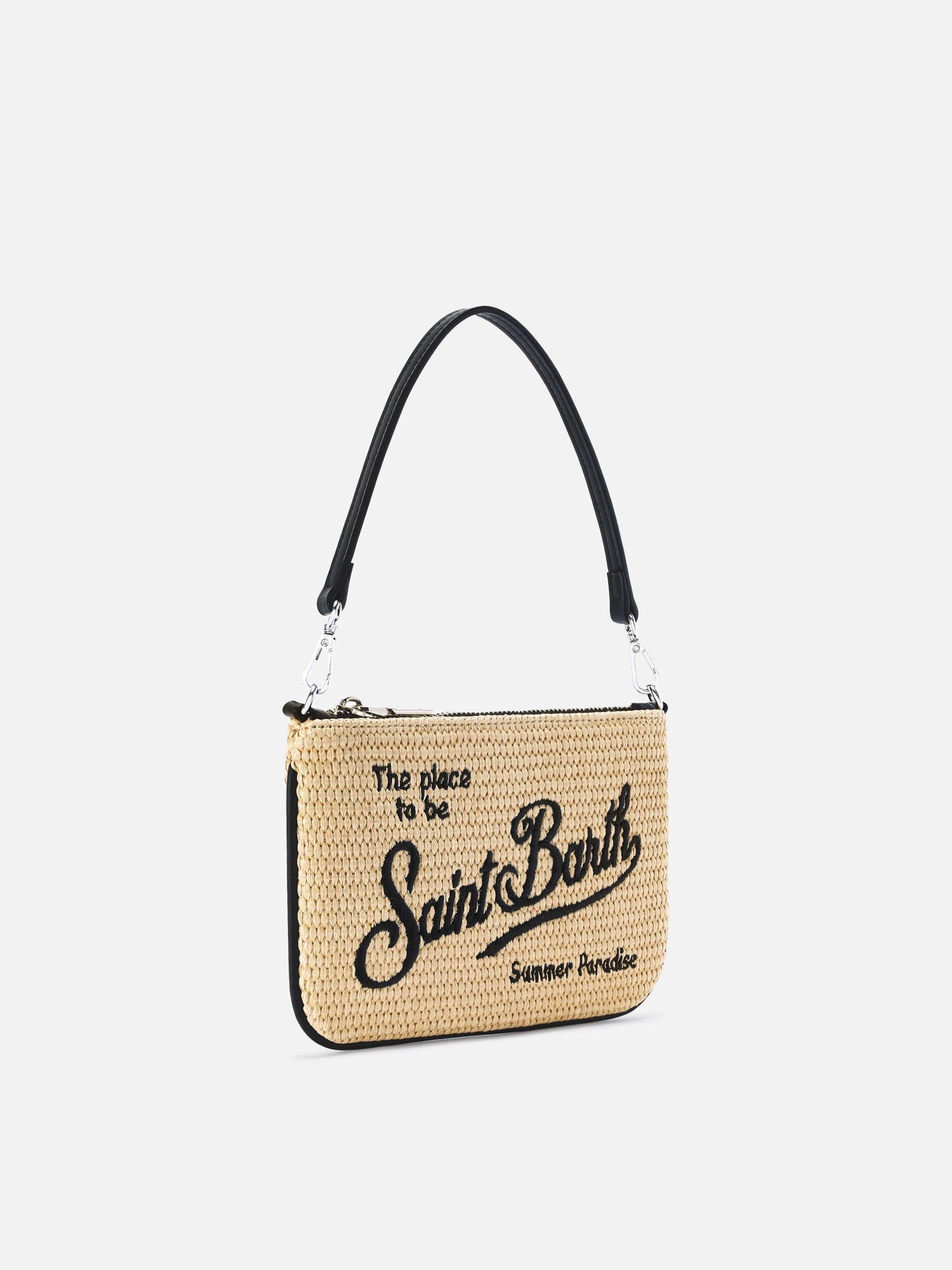 Pouch Mini Parisienne effetto paglia con logo ricamato nero