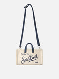 Borsa Phone micro in canvas bianco con dettagli blu e logo a contrasto