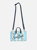 Borsa Phone micro in canvas a righe bianche e azzurre con logo a contrasto