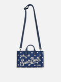 Borsa Phone micro in canvas blu a pois con logo a contrasto