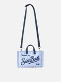 Borsa Phone micro in canvas a righe bianche e azzurre con logo a contrasto