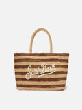 Borsa Beach in raffia a righe marroni con logo ricamato