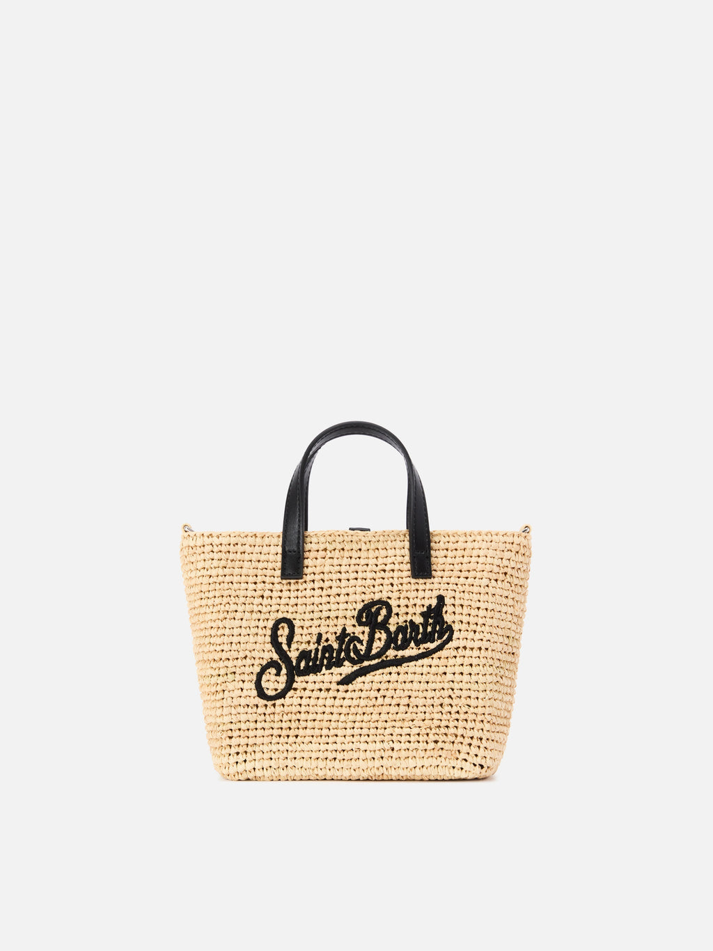 Borsa City mini in raffia con logo nero ricamato a contrasto
