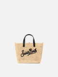 Borsa City mini in raffia con logo nero ricamato a contrasto