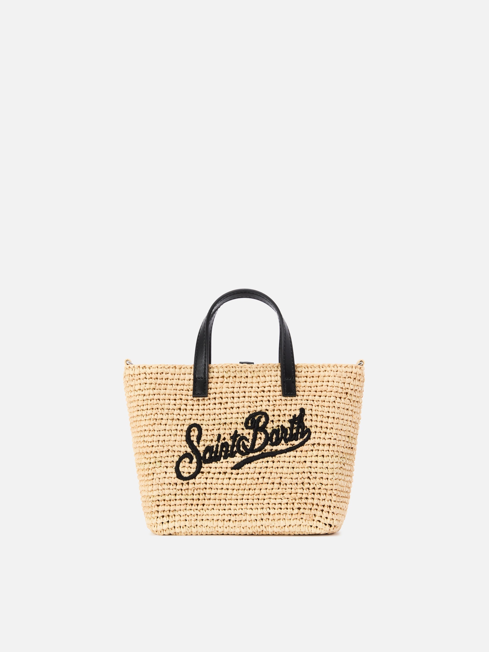 Borsa City mini in raffia con logo nero ricamato a contrasto