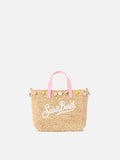 Borsa City mini in raffia con charms applicati e logo ricamato
