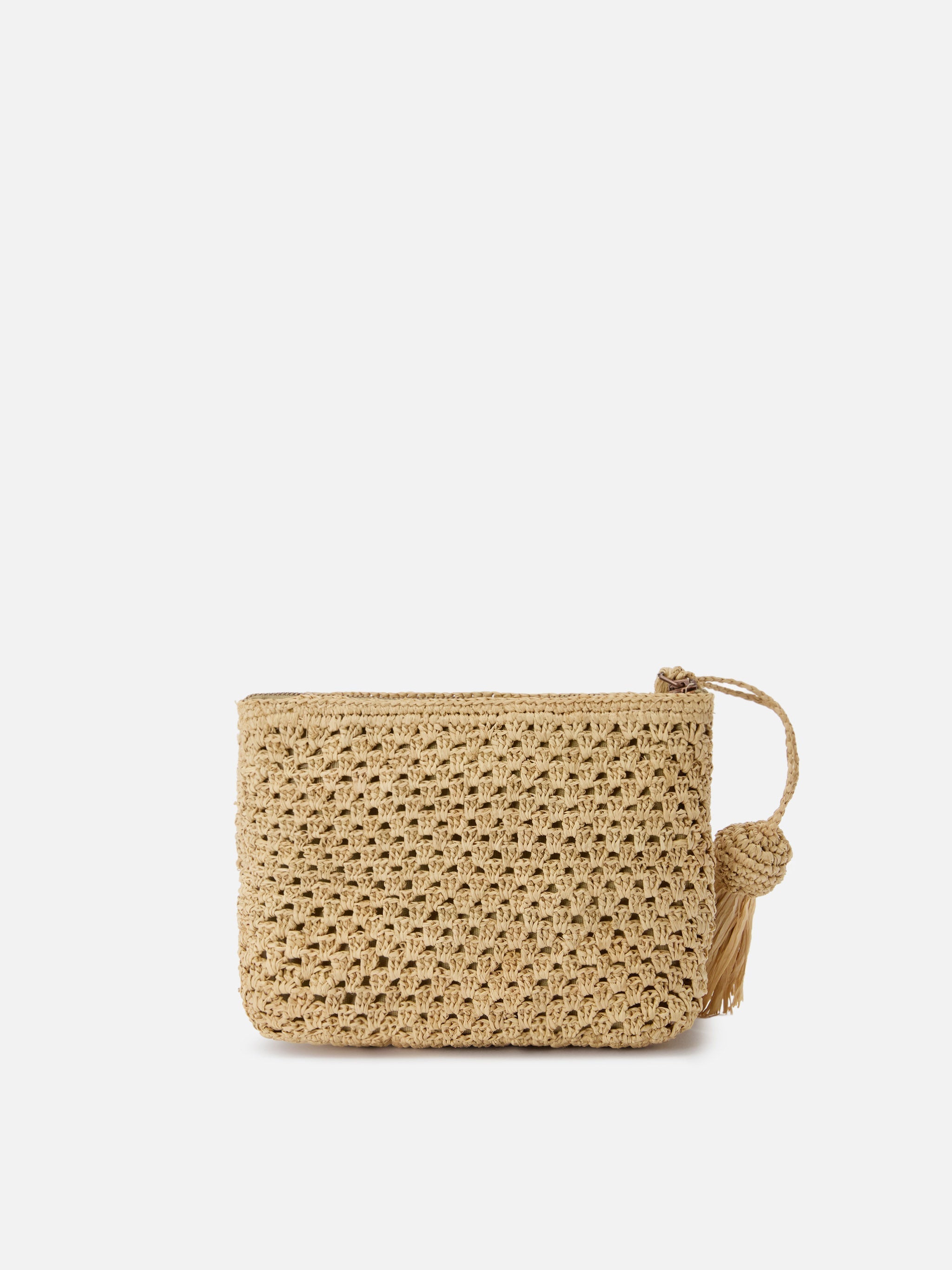 Pouch in rafia intrecciata naturale con logo ricamato