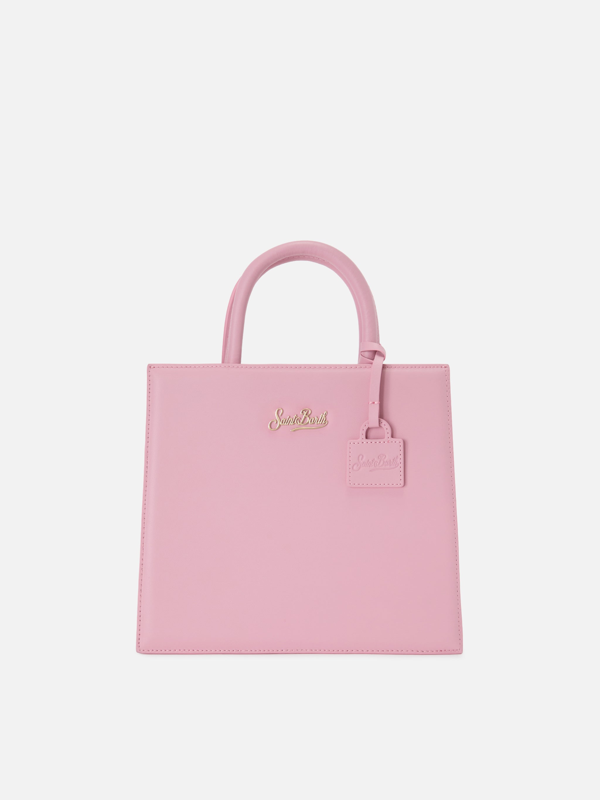 Borsa Shop Midi strutturata in pelle liscia rosa con targhetta metallica