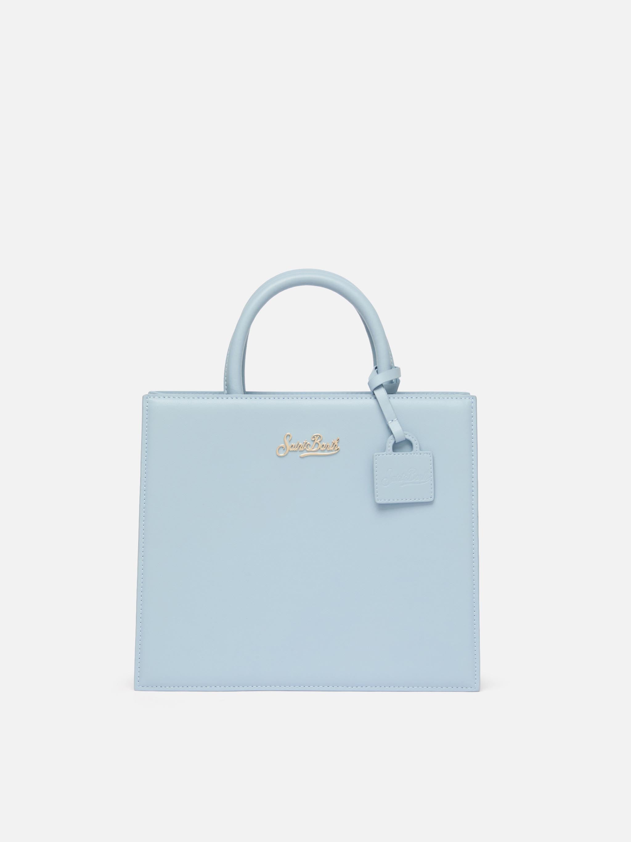 Borsa Shop Midi strutturata in pelle liscia azzurra con targhetta metallica