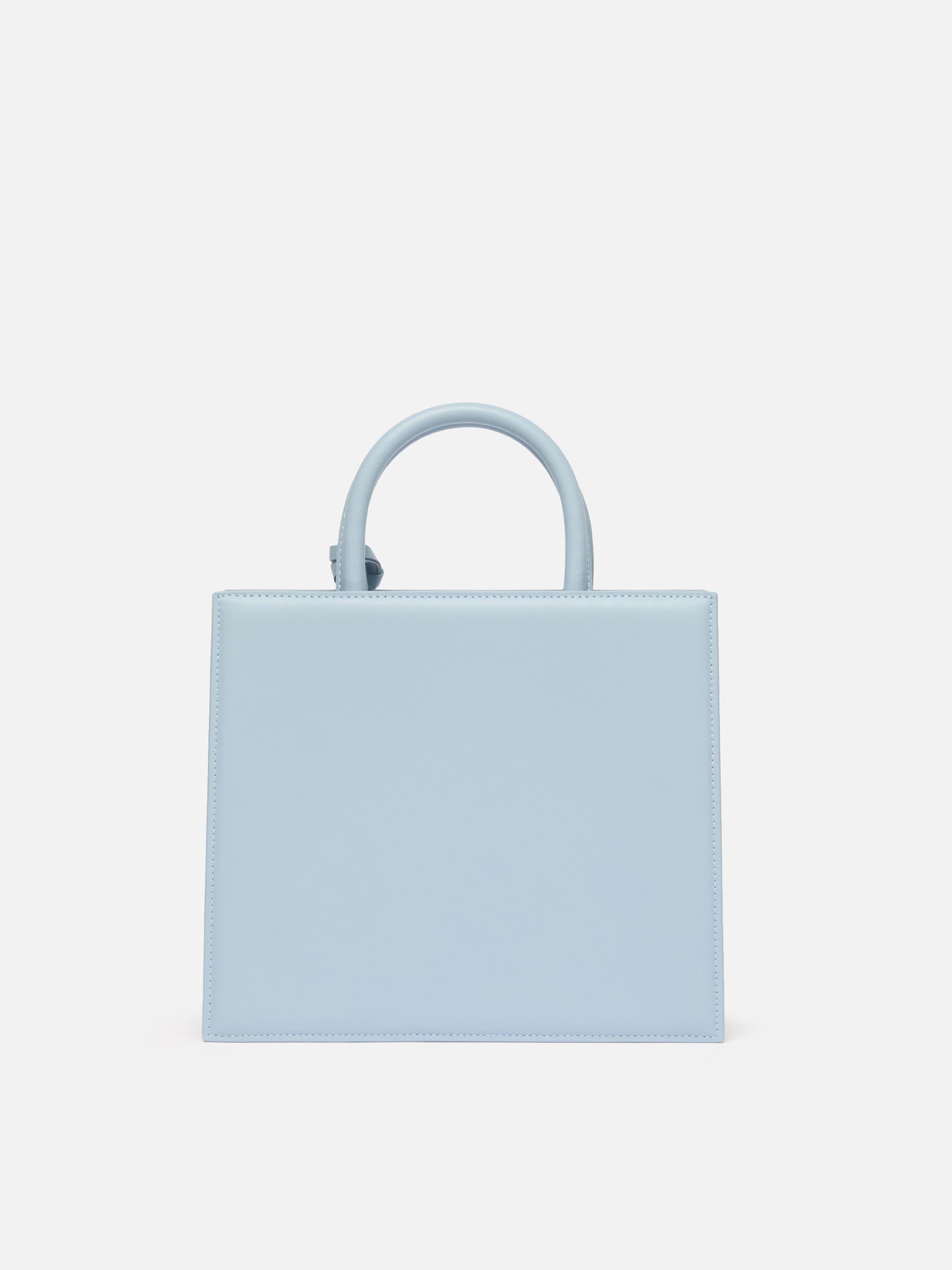 Borsa Shop Midi strutturata in pelle liscia azzurra con targhetta metallica