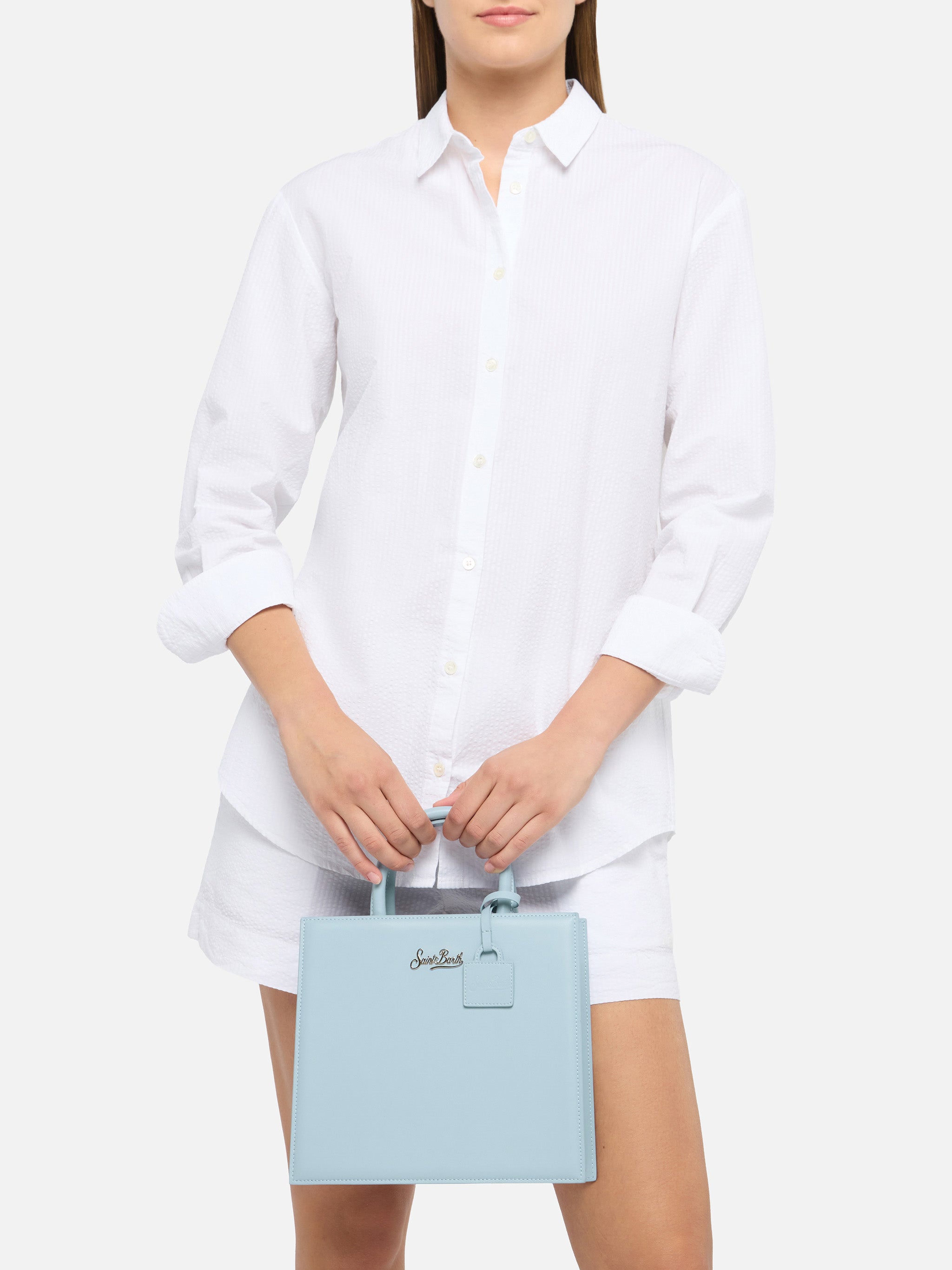 Shop Bag Midi in pelle azzurro chiaro