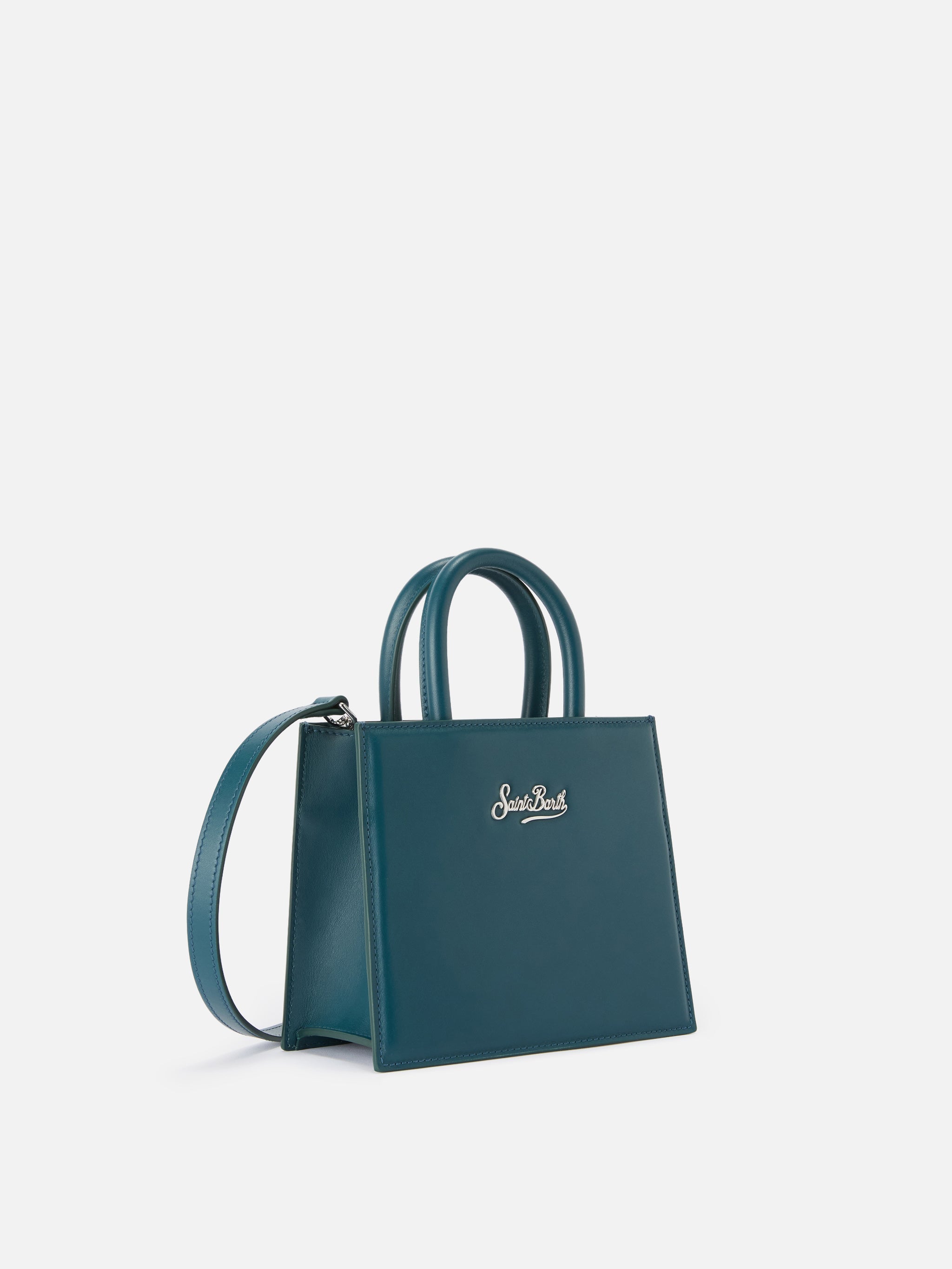 Borsa Shop mini strutturata in pelle liscia ottanio con targhetta metallica