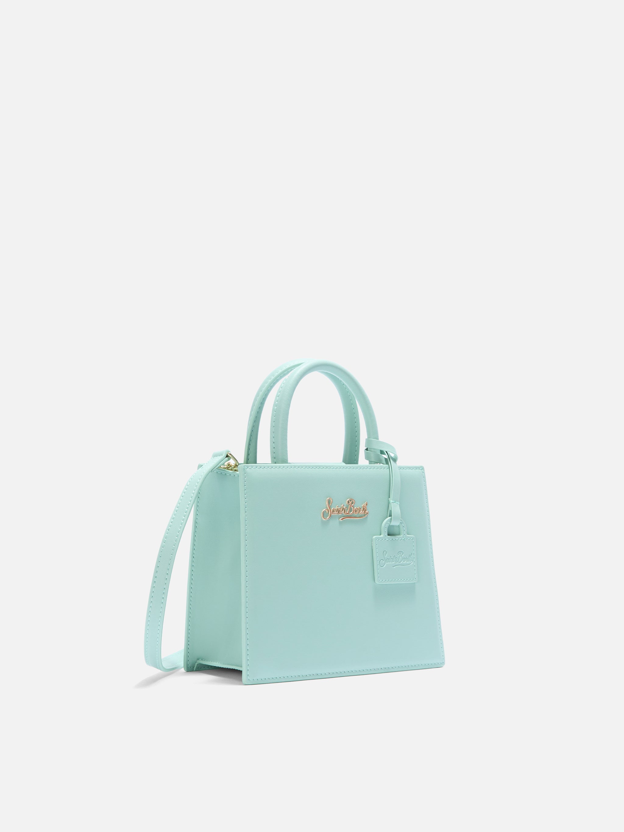 Borsa Shop mini strutturata in pelle liscia verde menta con targhetta metallica