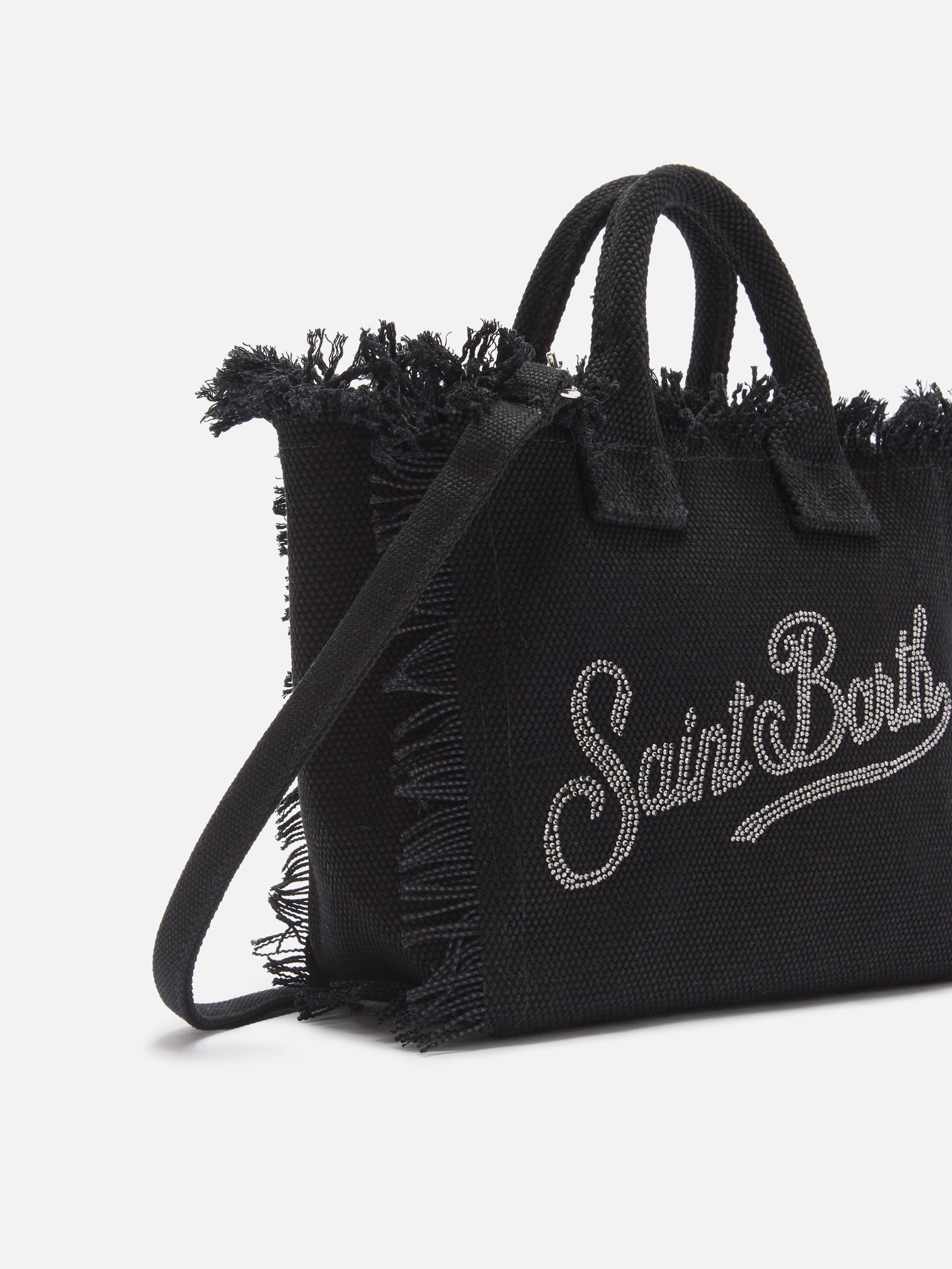 Borsa Vanity mini in canvas nera con logo in strass
