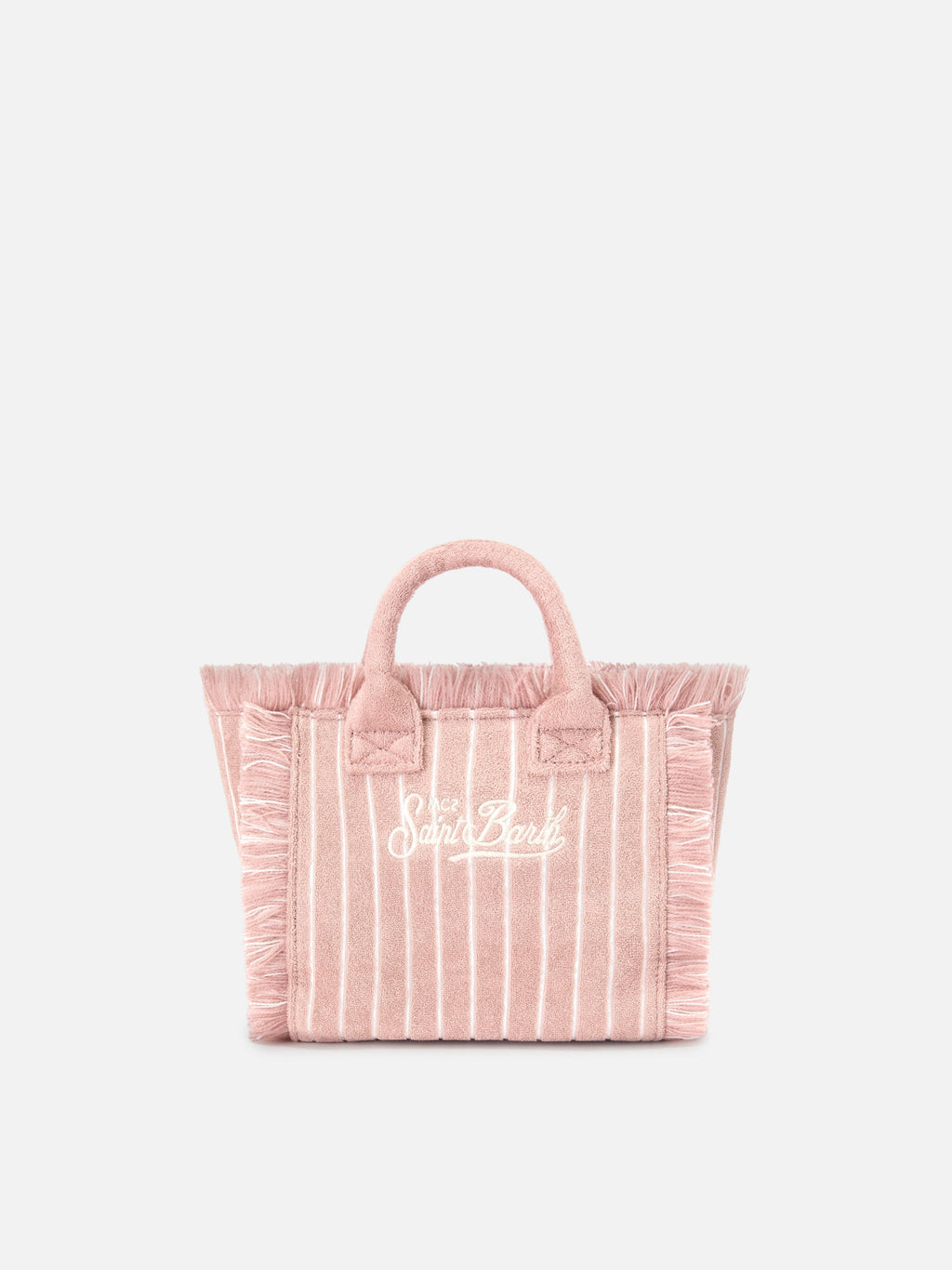 Borsa Vanity mini in tessuto effetto spugna a righe rosa