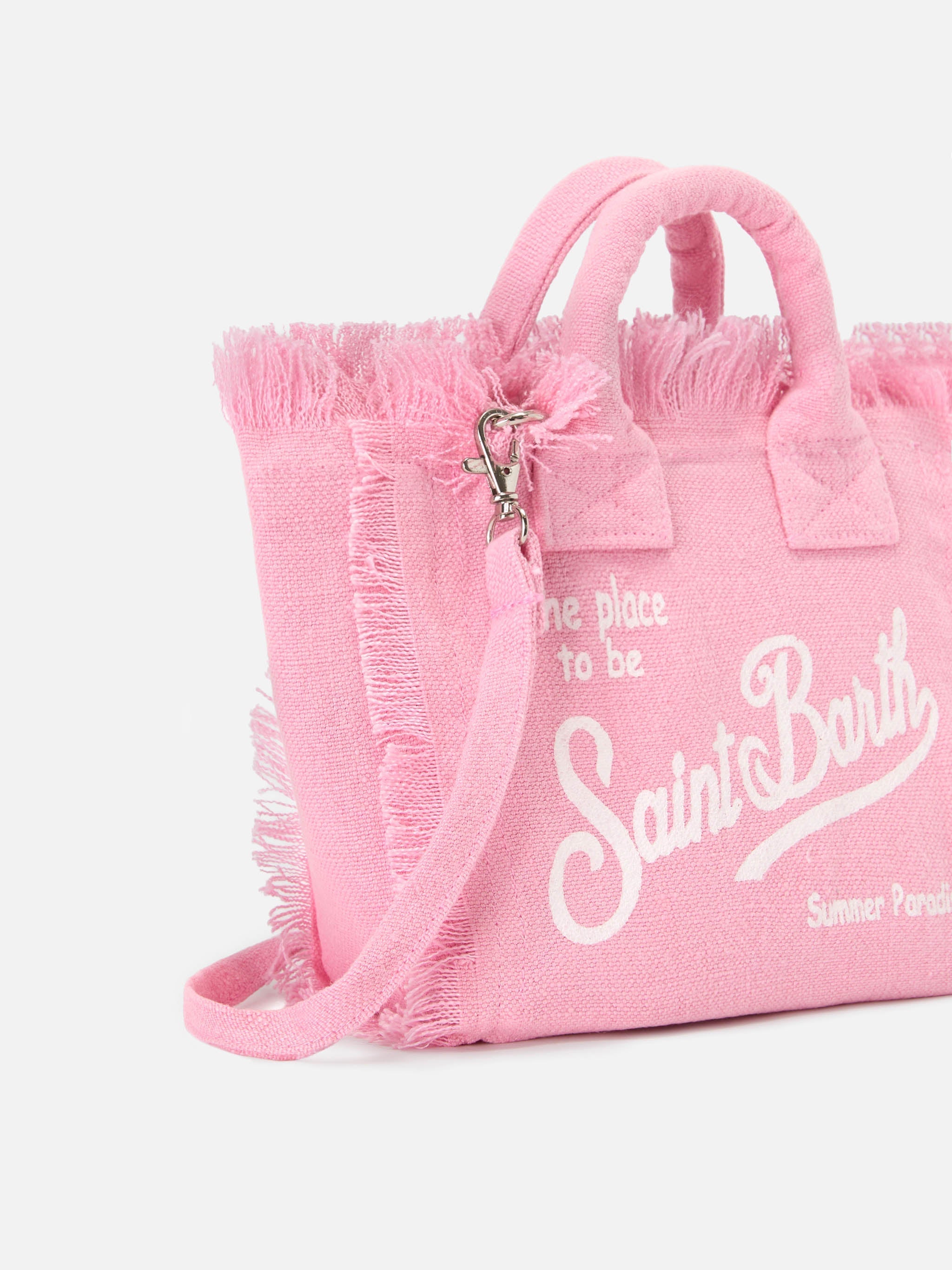 Borsa Vanity mini in lino rosa tinta unita con tracolla removibile