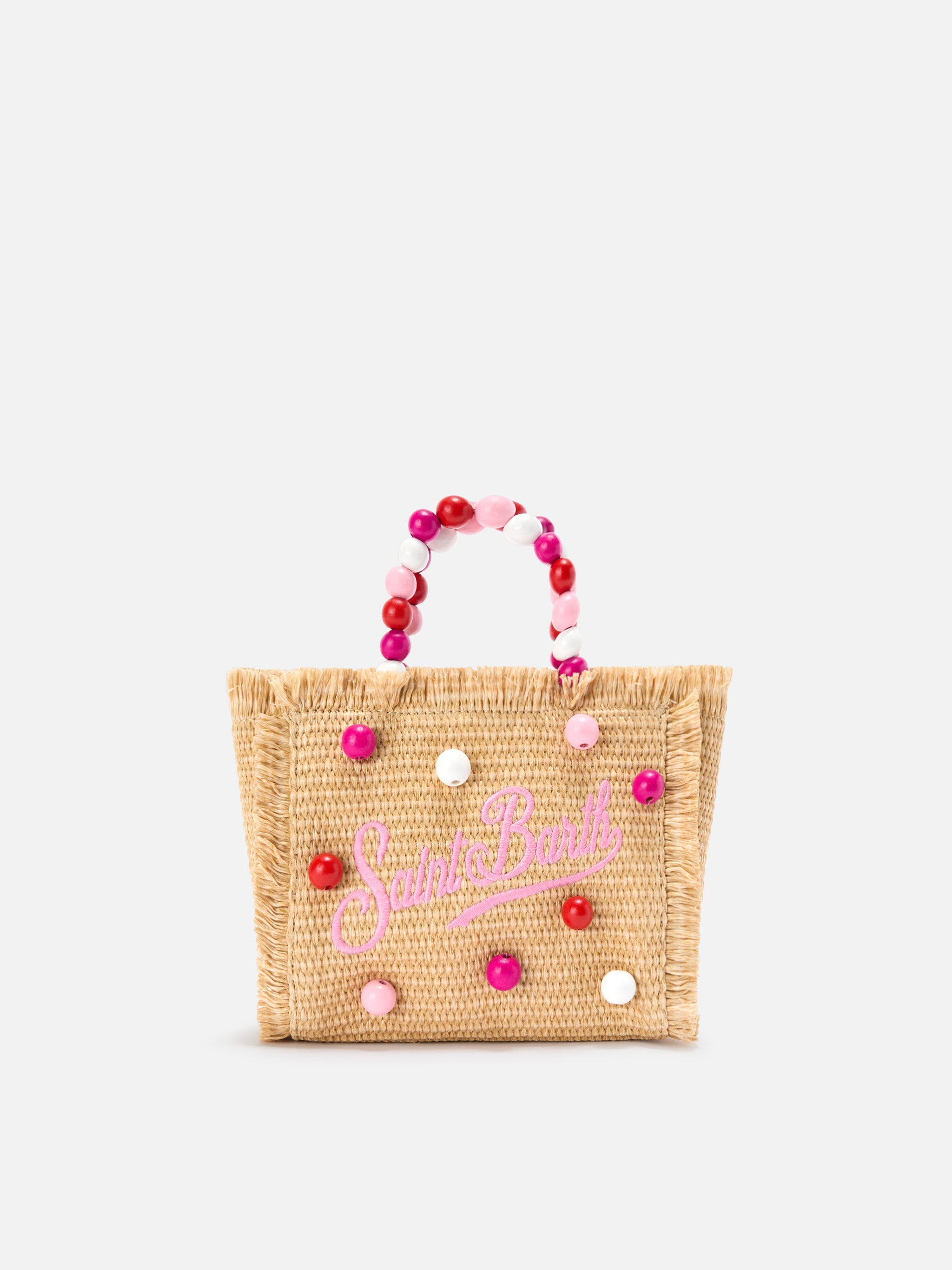 Borsa Vanity mini in tessuto effetto paglia con manico con perline