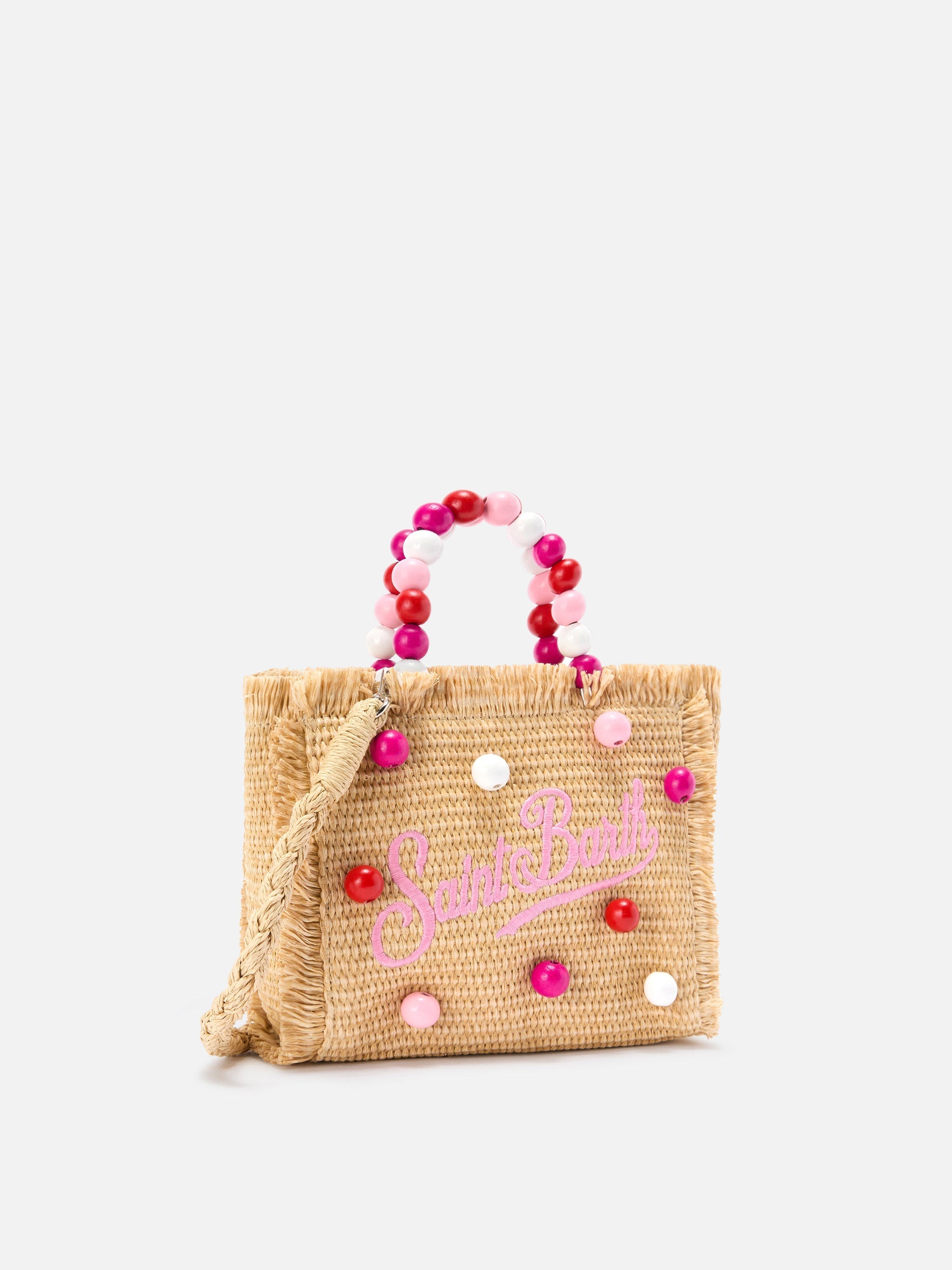 Borsa Vanity mini in tessuto effetto paglia con manico con perline