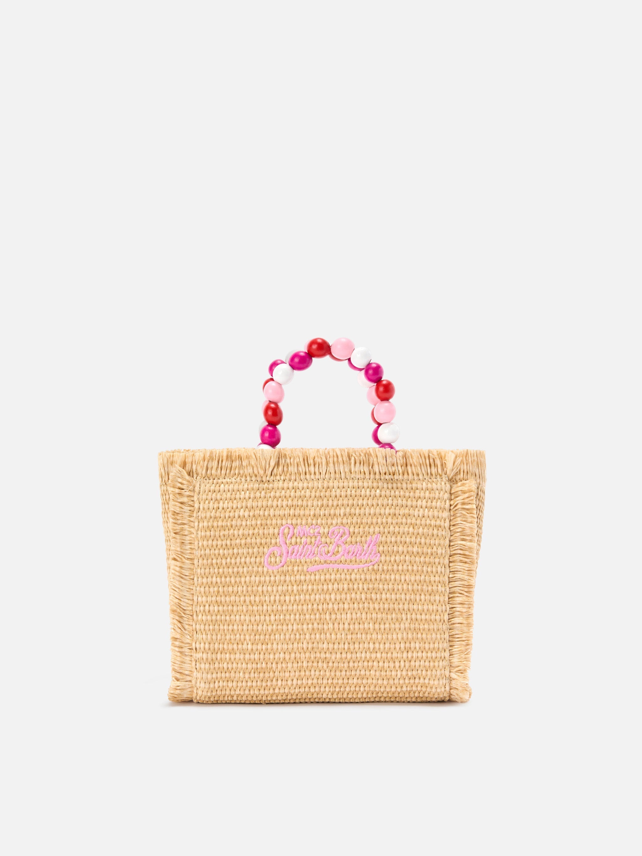 Borsa Vanity mini in tessuto effetto paglia con manico con perline