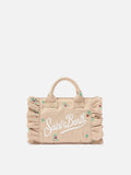 Borsa Vanity mini volant in denim beige con fiori ricamati