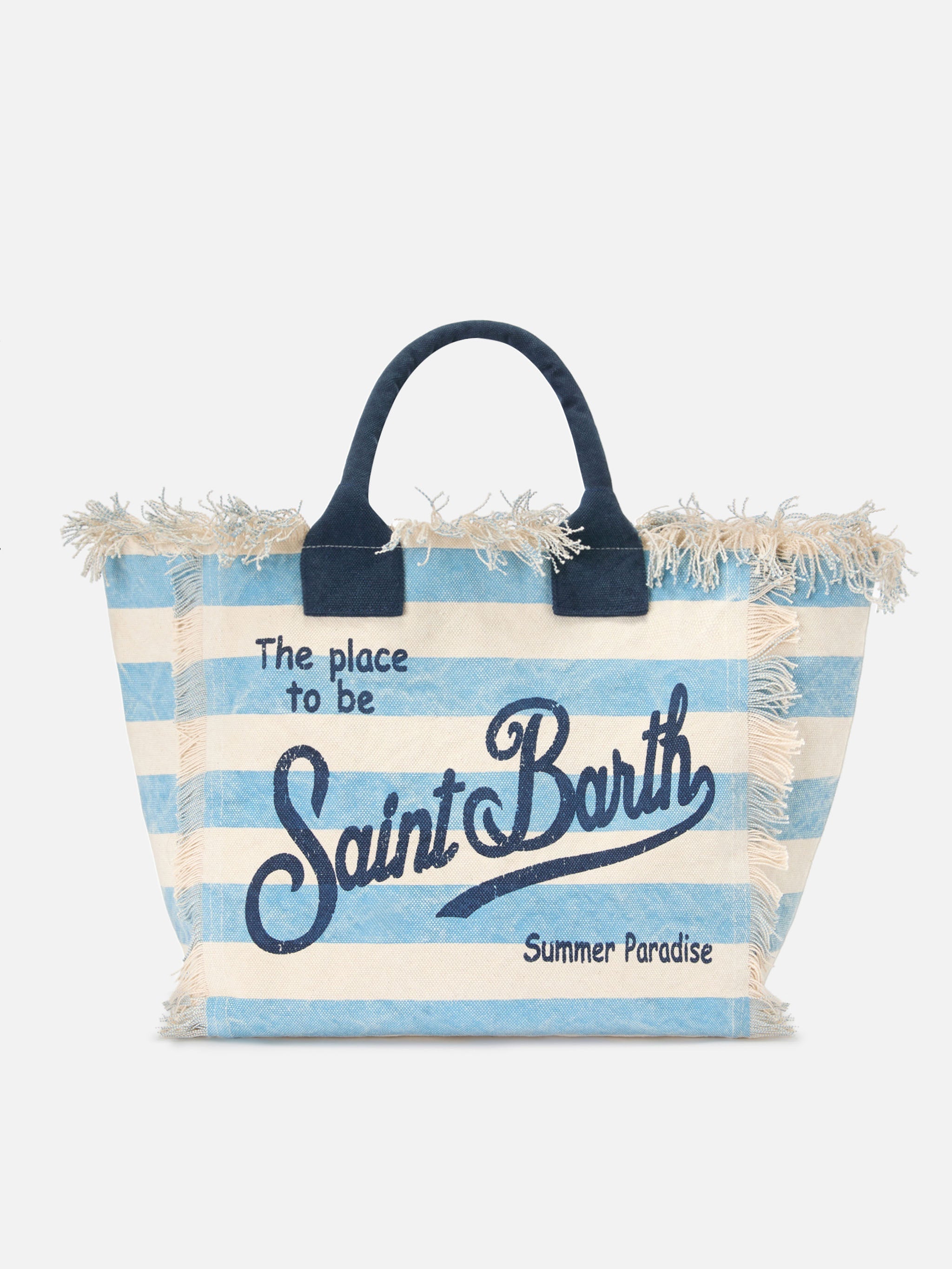 Borsa Vanity regular in canvas a righe orizzontali azzurre