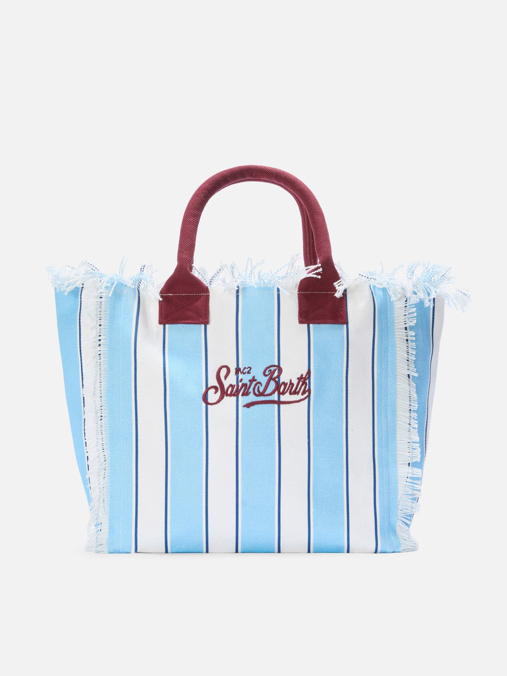 Borsa Vanity regular in canvas a righe azzurre con dettagli bordeaux