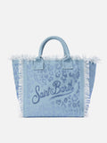 Borsa Vanity regular in canvas blu leopardato con strass