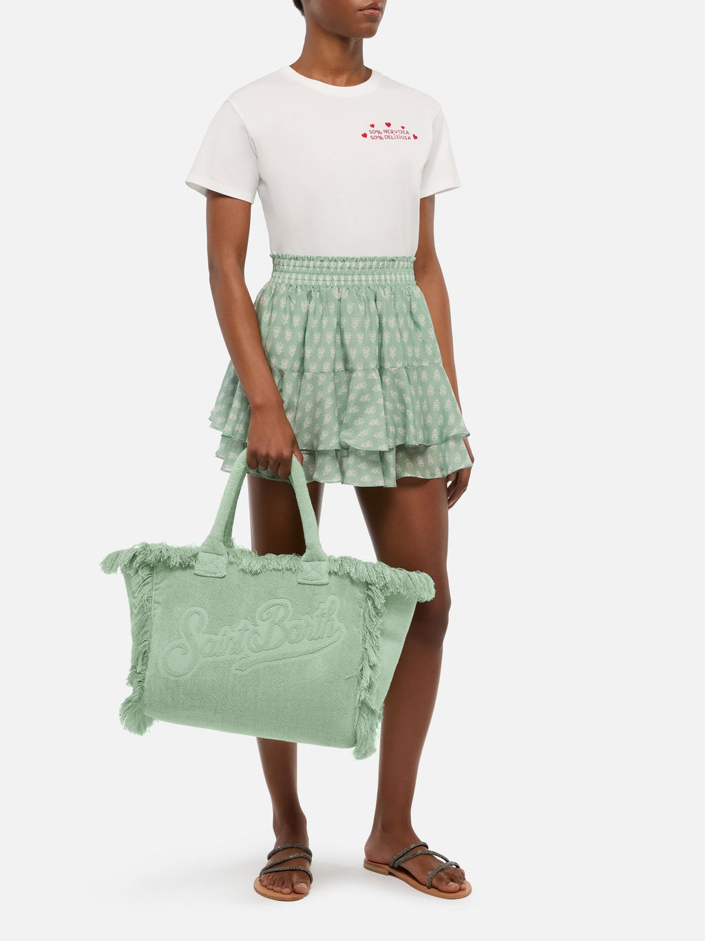 Borsa Vanity regular in tessuto effetto spugna verde menta tinta unita
